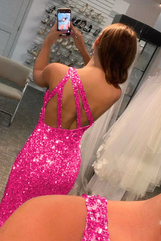 Sheath One Shoulder Fuchsia Sequins Long Prom Dress with Split Front