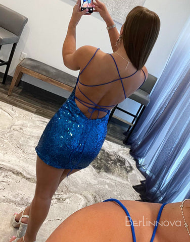 Sexy Double Straps Royal Blue Sequins Mesh Short Homecoming Dress