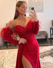 Load image into Gallery viewer, Sexy V Neck Red Satin Long Sleeve Prom Dress
