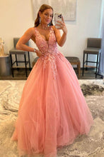 Load image into Gallery viewer, Princess A Line V Neck Pink Long Prom Dress with Appliques
