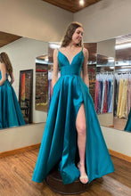 Load image into Gallery viewer, Classic A Line V Neck Green Long Prom Dress with Slit
