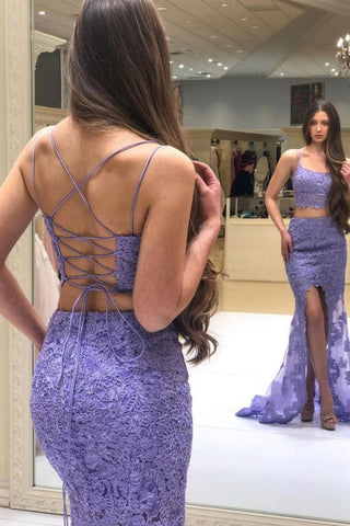 Two Piece Spaghetti Straps Lavender Lace Long Prom Dress