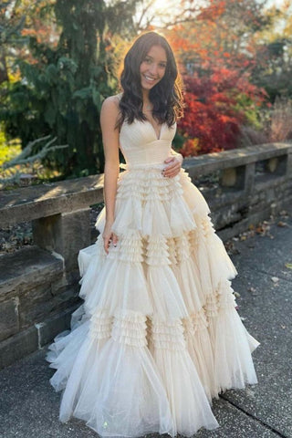 Princess A Line V Neck Long Prom Dress with Ruffles