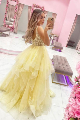 Princess A Line Yellow Long Prom Dress with Appliques