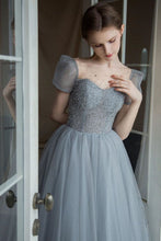 Load image into Gallery viewer, A Line Square Neck Grey Long Prom Dress with Beading

