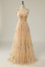 Load image into Gallery viewer, Elegant A Line Spaghetti Straps Champagne Long Prom Dress with Embroidery
