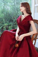 Load image into Gallery viewer, Beautiful A Line V Neck Burgundy Long Prom Dress with Ruffles
