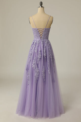 Gorgeous A Line Spaghetti Straps Lavender Long Prom Dress with Appliques