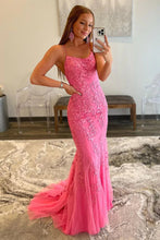 Load image into Gallery viewer, Mermaid Spaghetti Straps Hot Pink Long Prom Dress with Appliques
