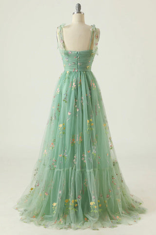 Elegant A Line Spaghetti Straps Green Long Prom Dress with Embroidery