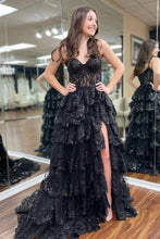 Load image into Gallery viewer, Sparkly Black Off The Shoulder Long Tiered Corset Prom Dress With Sequin
