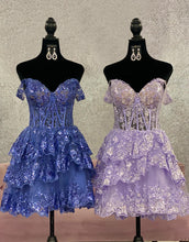 Load image into Gallery viewer, Stunning A-Line Off The Shoulder Tiered Glitter Homecoming Dress With Appliques
