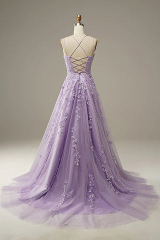 Princess A Line Spaghetti Straps Purple Long Prom Dress with Appliques