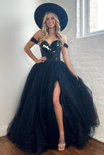 Load image into Gallery viewer, Black A-Line Off The Shoulder  Mirror Top Long Tulle Prom Dress With Split
