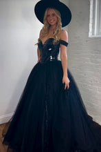 Load image into Gallery viewer, Black A-Line Off The Shoulder  Mirror Top Long Tulle Prom Dress With Split
