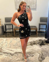 Load image into Gallery viewer, Black One Shoulder Sequin Homecoming Dress With Stars
