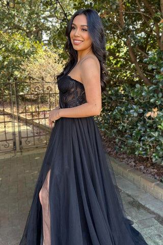 Black Tulle A-Line Strapless Long Prom Party Dress With Split