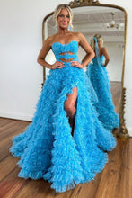 Load image into Gallery viewer, Blue Cute A-Line Sweetheart Long Tiered Tulle Prom Dress With Split
