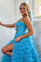 Load image into Gallery viewer, Blue Cute A-Line Sweetheart Long Tiered Tulle Prom Dress With Split
