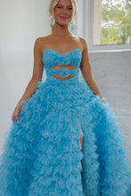 Load image into Gallery viewer, Blue Cute A-Line Sweetheart Long Tiered Tulle Prom Dress With Split
