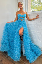 Load image into Gallery viewer, Blue Cute A-Line Sweetheart Long Tiered Tulle Prom Dress With Split
