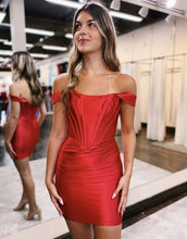 Load image into Gallery viewer, Bodycon Off The Shoulder Short Satin Homecoming Dress With Pleating
