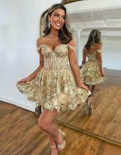 Load image into Gallery viewer, Stunning A-Line Off The Shoulder Tiered Glitter Homecoming Dress With Appliques

