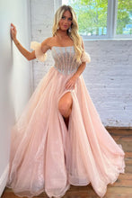 Load image into Gallery viewer, Cute A-Line Strapless Long Tulle Prom Dress With Split And Beading
