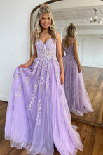 Load image into Gallery viewer, Cute A-Line Spaghetti Straps Long Tulle Prom Party Dress With Appliques
