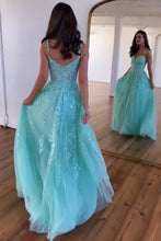 Load image into Gallery viewer, Cute A-Line Spaghetti Straps Long Tulle Prom Party Dress With Appliques
