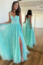 Load image into Gallery viewer, Cute A-Line Spaghetti Straps Long Tulle Prom Party Dress With Appliques
