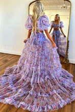 Load image into Gallery viewer, Cute A-Line Two Pieces Square Neck Long Print Tulle Prom Dress With Split
