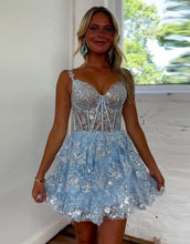 Load image into Gallery viewer, Stunning A-Line Off The Shoulder Tiered Glitter Homecoming Dress With Appliques
