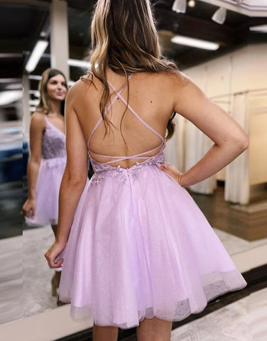 Cute Lilac A-Line Lace Up Tulle Homecoming Dress With Appliques