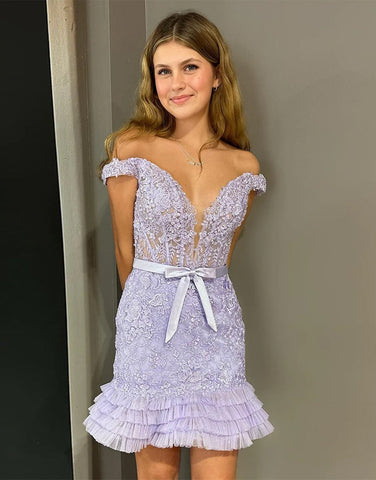 Cute Lilac Off The Shoulder Tight Lace Homecoming Dress with Belt