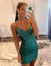 Load image into Gallery viewer, Dark Green Tight Glitter Homecoming Dress With Appliques
