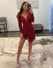 Load image into Gallery viewer, Dark Red Long Sleeves Homecoming Dress With Tassel
