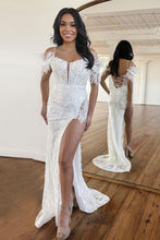 Load image into Gallery viewer, Elegant White Mermaid Lace Up Long Corset Prom Dress With Feather
