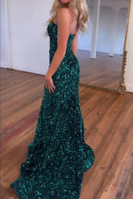 Load image into Gallery viewer, Glitter Sequin Dark Green Mermaid Sweetheart Long Prom Party Dress

