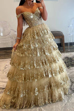 Load image into Gallery viewer, Sparkly Gorgeous A-Line Off The Shoulder Long Prom Dress with Sequin Appliques
