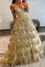 Load image into Gallery viewer, Sparkly Gorgeous A-Line Off The Shoulder Long Prom Dress with Sequin Appliques
