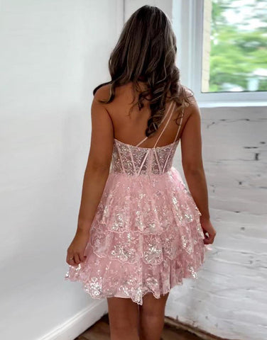 Cute Pink A-Line One Shoulder Homecoming Dress With Appliques