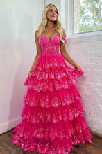 Load image into Gallery viewer, Sparkly Gorgeous A-Line Off The Shoulder Long Prom Dress with Sequin Appliques
