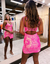 Load image into Gallery viewer, Gorgeous Hot Pink Lace Up Tight Glittler Homecoming Dress
