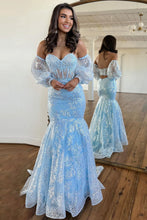 Load image into Gallery viewer, Gorgeous Light Blue Mermaid Backless Long Prom Dress With Detachable Sleeves
