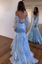 Load image into Gallery viewer, Gorgeous Light Blue Mermaid Backless Long Prom Dress With Detachable Sleeves
