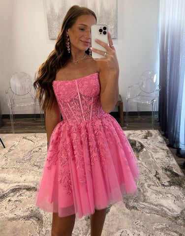 Hot Pink A-Line Strapless Tulle Homecoming Dress With Appliques