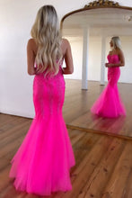 Load image into Gallery viewer, Hot Pink Floor Length Mermaid Sweetheart Tulle Prom Dress With Beading
