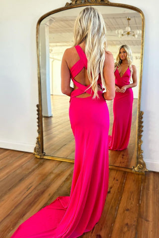 Hot Pink V-Neck Cross Back Long Satin Corset Prom Party Dress