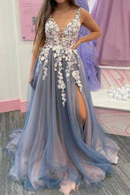 Load image into Gallery viewer, A-Line Keyhole Back Long Tulle Prom Dress with Appliques And Split
